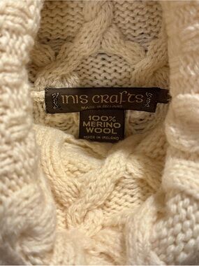 Cream 100% Merino Wool Inis Crafts Sweater, Made in Ireland, Authentic Irish